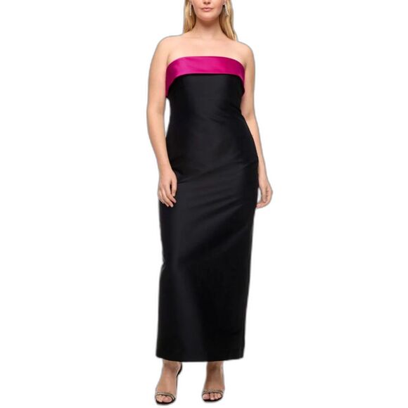 Badgley Mischka Black Strapless Orchid Pink Ribbon Detail Long Column Dress 14 - Picture 2 of 15